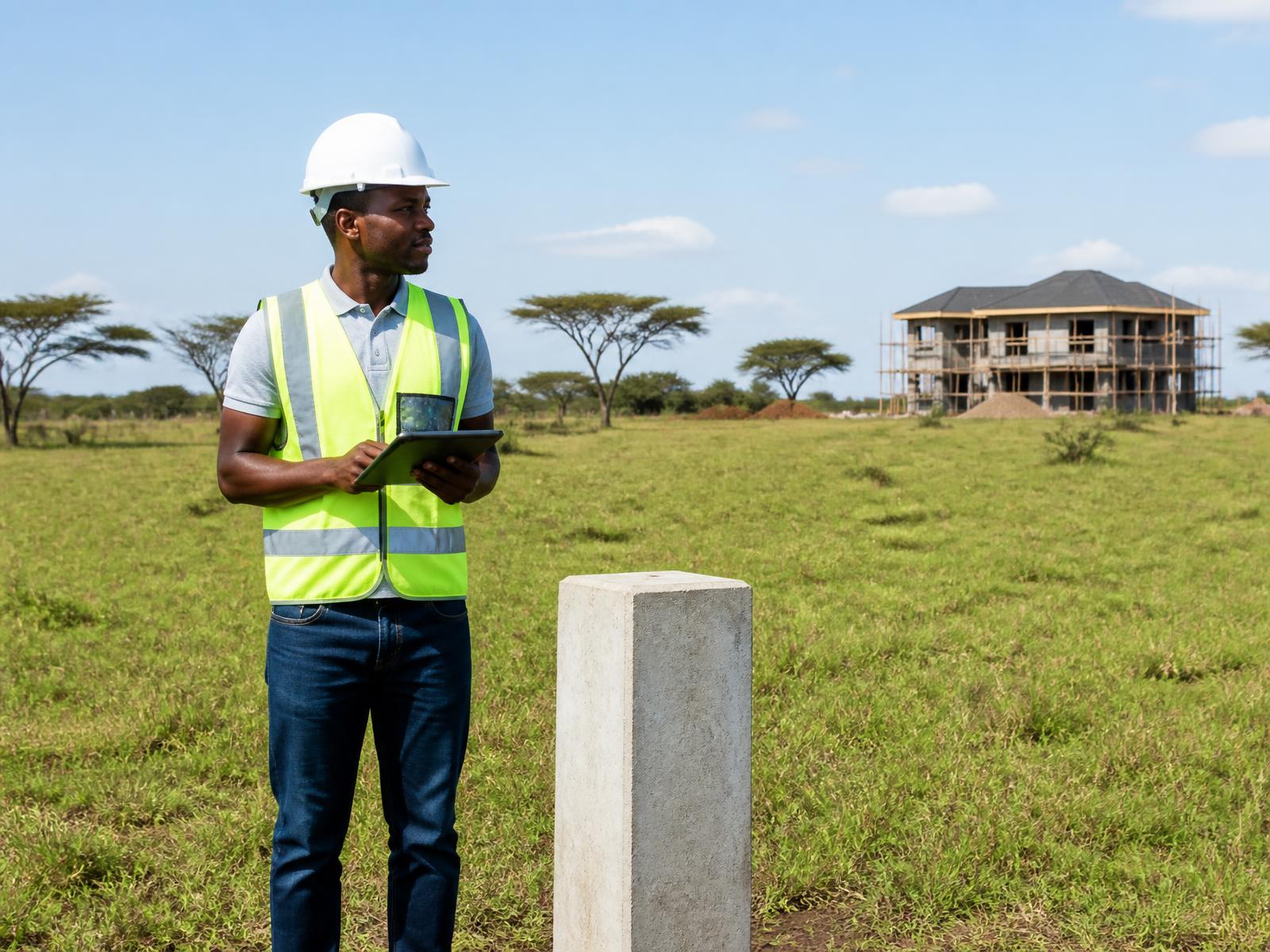 A GroundVerify inspector documenting a property boundary beacon on site in Kenya